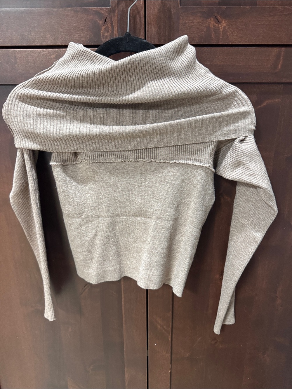 Bluivy Taupe Off-the-Shoulder Ribbed Knit Sweater